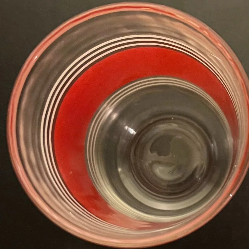 Vtg Hazel Atlas MCM Red Green Stripe Juice Glasses Set of 2 Frosted 8oz Tumbler